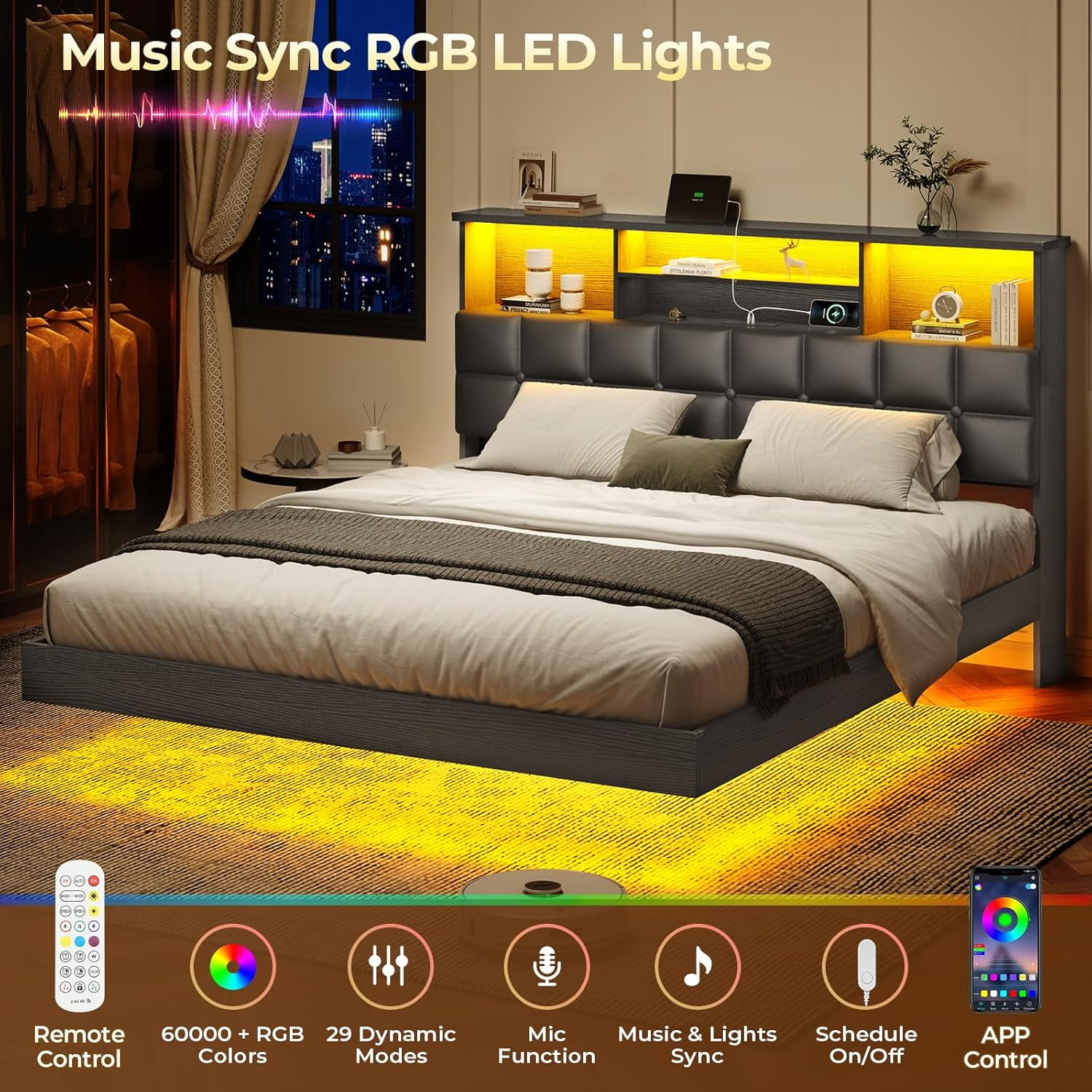 Floating Bed Frame Queen Size with Headboard and Storage, Upholstered Queen Platform Bed Frame with USB & Type C Charging Station and LED Lights, Hidden Storage, No Box Spring Needed, Black
