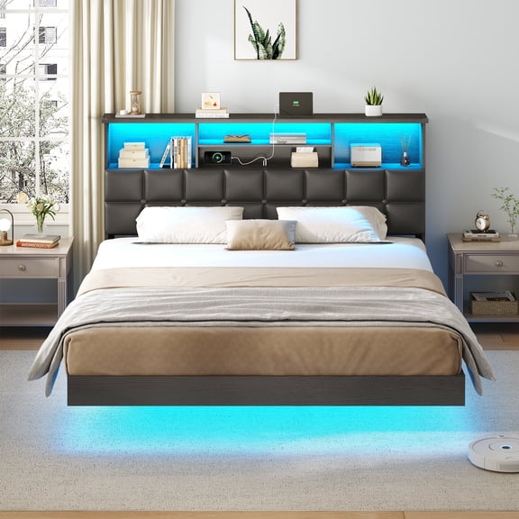 SereneLounge Floating Bed Frame Queen Size with Bookcase Headboard and Storage, Upholstered LED Metal Platform Bed Frame with Charging Station, Black