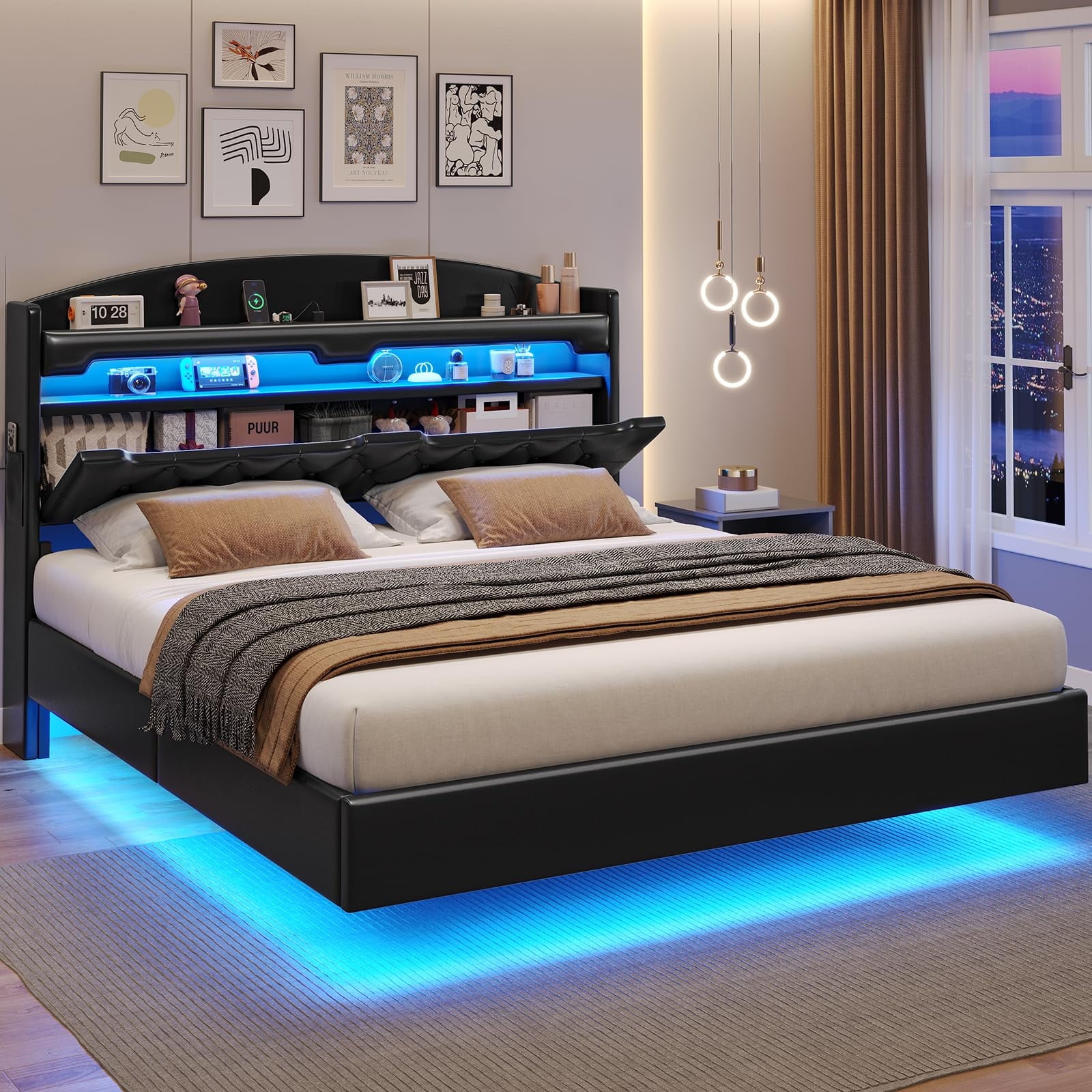 Floating Bed Frame Queen Size with Hidden Storage Headboard, Floating Platform Bed with LED Light and Charging Station, No Box Spring Needed, PU Black