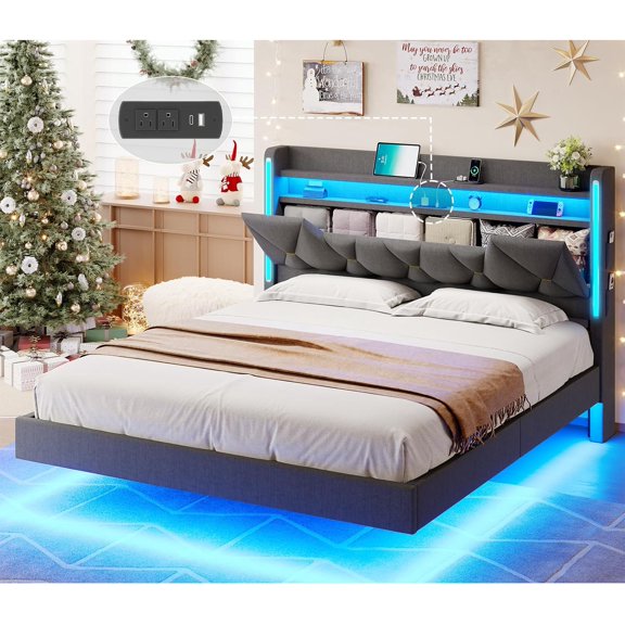 Floating Bed Frame Queen Size with Hidden Storage Headboard,Weight Capacity 1200lbs Metal Platform Bed with Dual-Zone LED Lights and Type-C Charging Station, Noise-Free,No Box Spring Needed,Dark Gray
