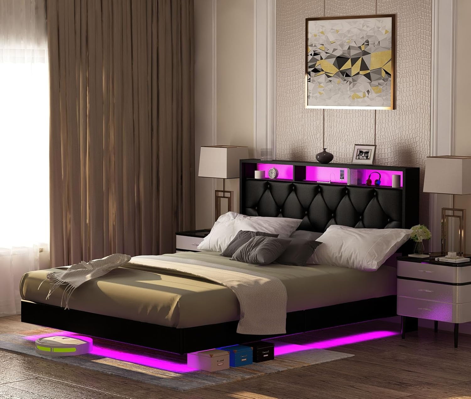 Floating Bed Frame Queen Size with LED Lights & Charging Station, USB