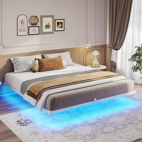 Floating Bed Frame Queen Size Metal Platform Bed with LED Lights for Bedroom, No Box Spring Needed, White