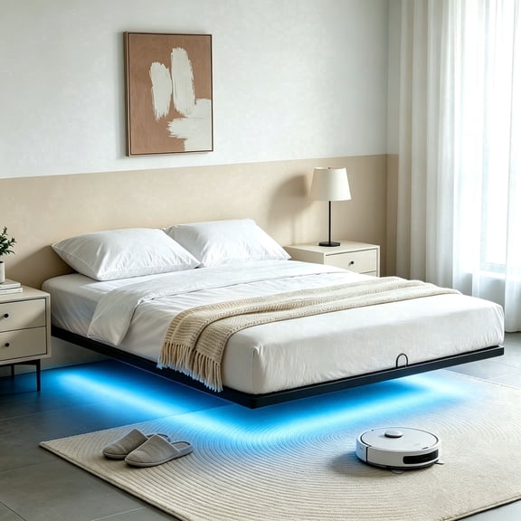 Awesofurni Floating Bed Frame Queen, with Smart LED Lights, Modern Heavy Duty Metal Platform Bed, Easy Assembly, No Box Spring Needed