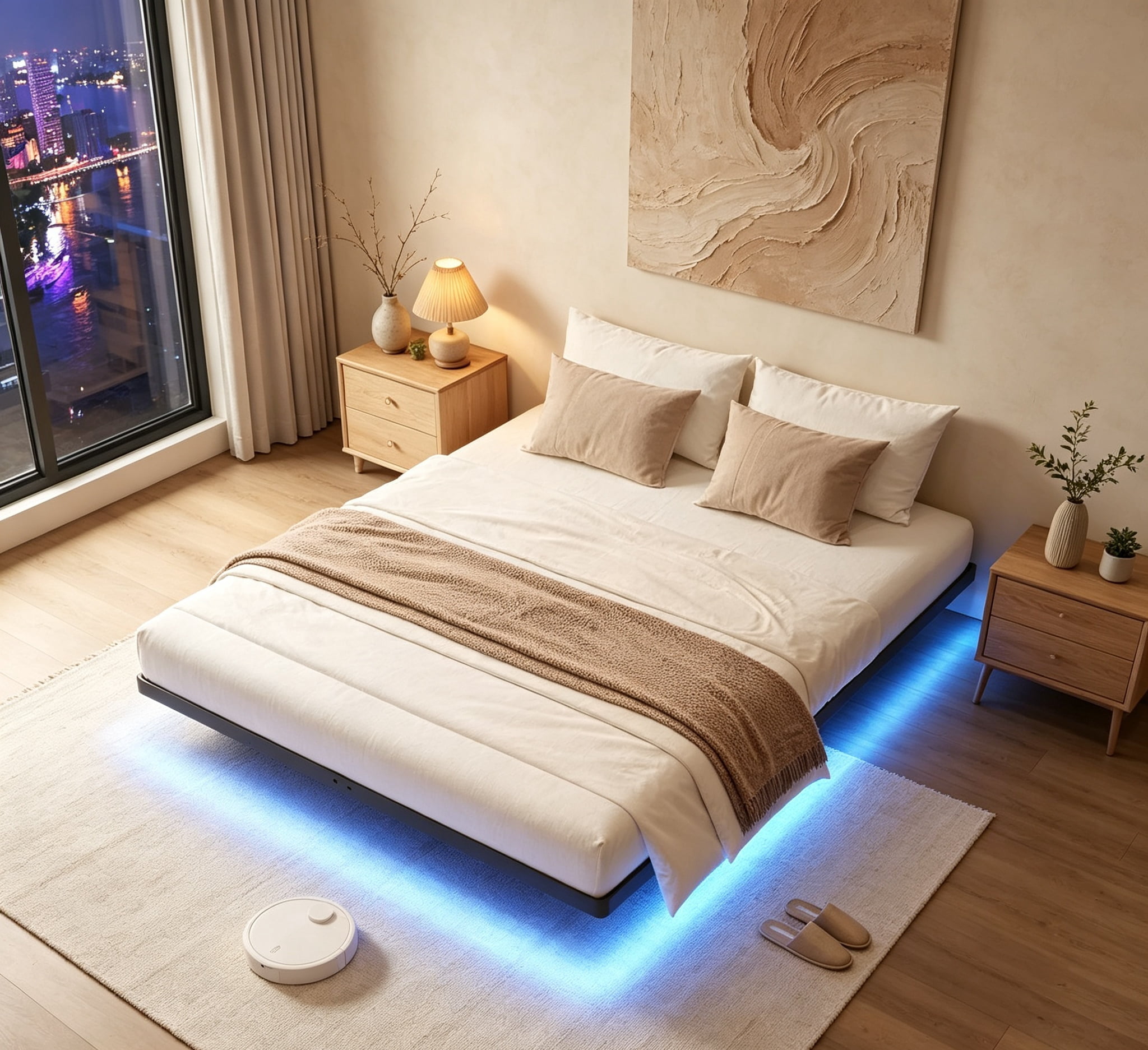 Floating Bed Frame Queen Size, Queen Bed Frame with Smart LED Lights ...