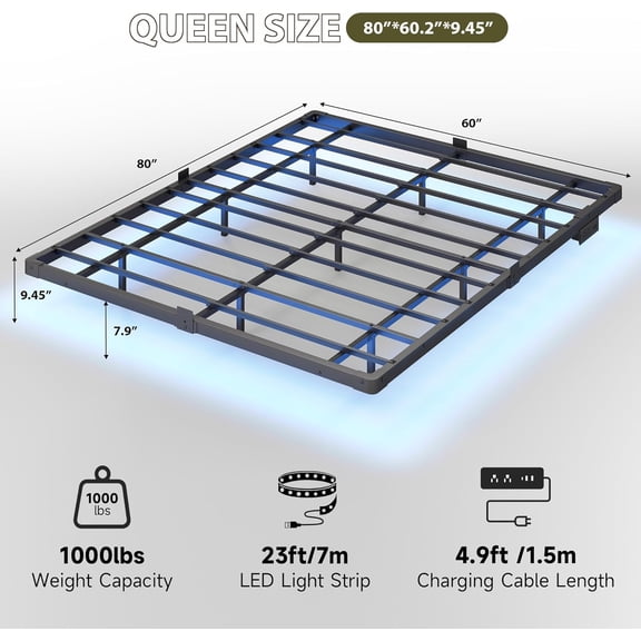Floating Bed Frame Queen Size with Smart LED Lights & Charging Station, Heavy Duty Metal Platform Bed with Noise-Free Design and Mattress Slide Stopper