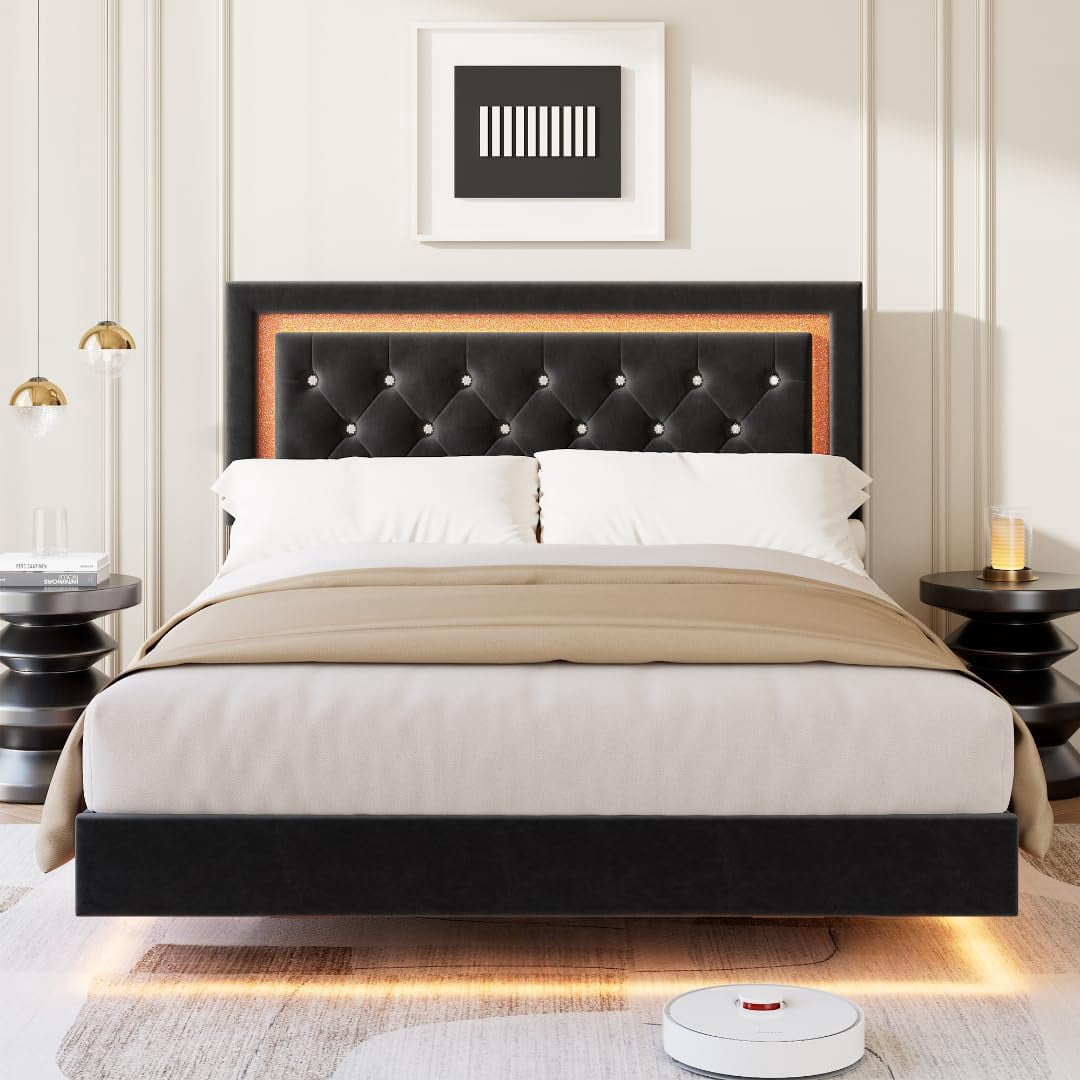 Floating Bed Frame Queen Size with Smart Led Lights, Upholstered Platform Bed with Diamond Headboard, Solid Wood Slats Support, No Box Spring Needed, Noise-Free, Easy Assembly, Black