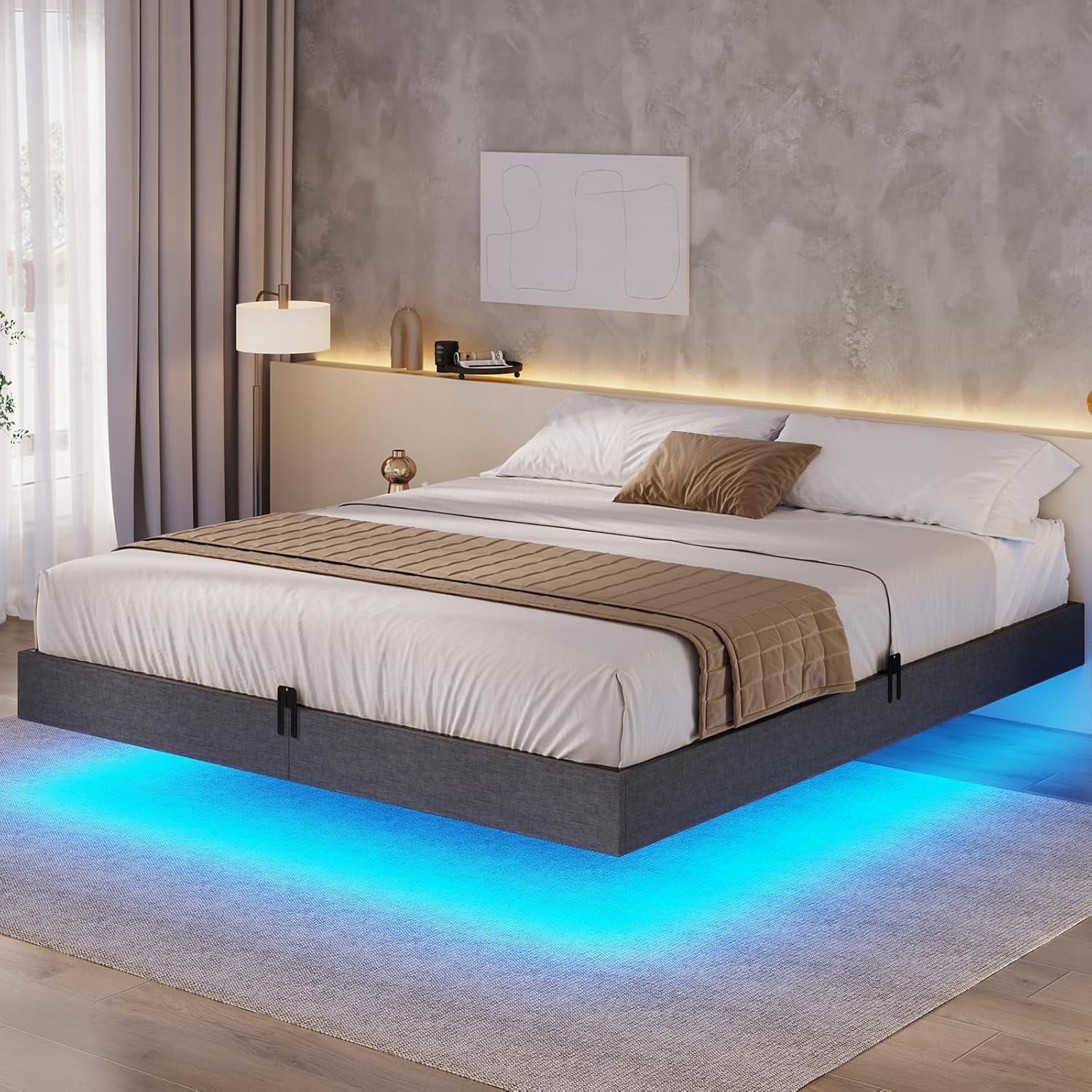 Floating Bed Frame Queen Size with LED Lights, Modern Metal Queen