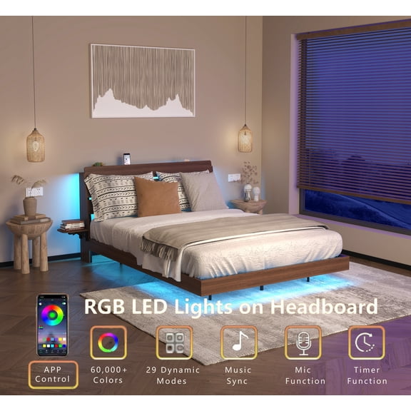 Floating Bed Frame Queen with LED Lights & Charging Station, Storage Headboard Wood Platform Bed, No Box Spring Needed Easy Assembly, Walnut