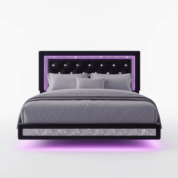 Floating Bed Frame Queen with LED Lights and Diamond Tufted Adjustable Headboard, Modern Upholstered Platform Bed