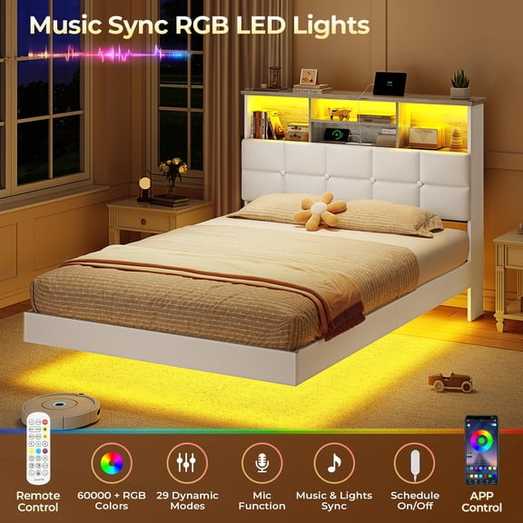 Floating Bed Frame Twin Size with Headboard and Storage, Upholstered Twin Platform Bed Frame with USB & Type C Charging Station and LED Lights, Hidden Storage, No Box Spring Needed, White