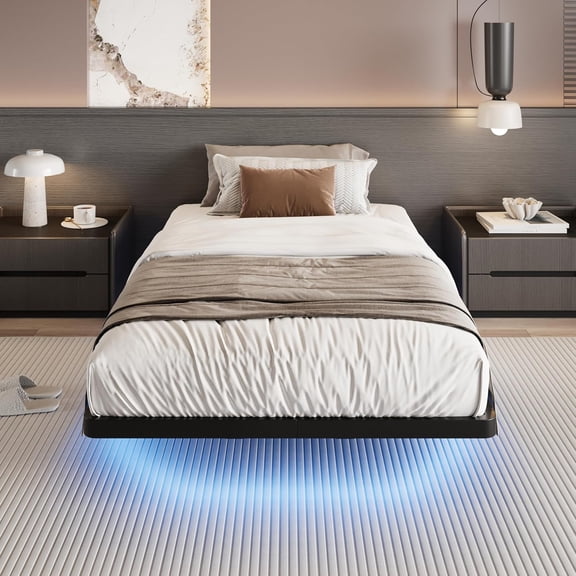 Floating Bed Frame Twin Size with Smart LED Lights and Charging Station, Heavy Duty Metal Platform Bed with Modern Design,No Box Spring Needed, Easy Assembly, Matte Black