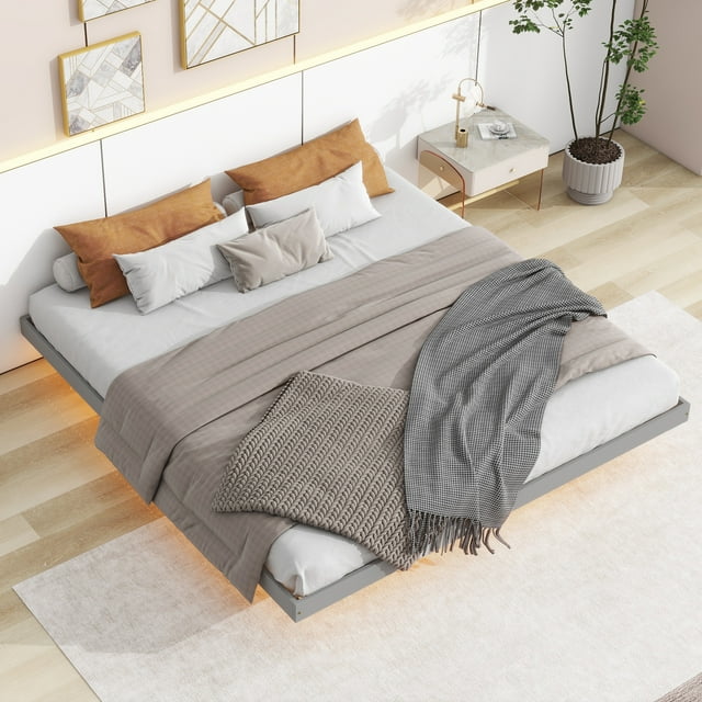 Floating Bed Frame, UHOMEPRO King Size Wood Platform Bed with LED Lights for Bedroom, Modern Solid Pine Wood King Bed Frame for Teens Adults, No Box Spring Needed, Easy Assembly, Gray