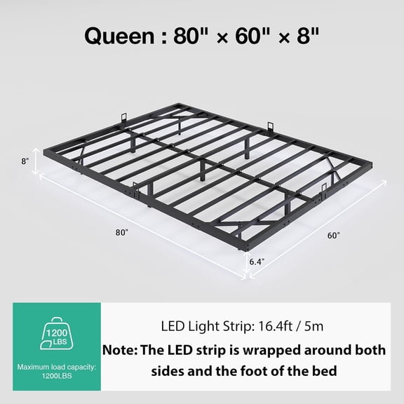 Floating Bed Frame with LED Lights, Modern Platform Queen Bed Frame with Mattress Slide Stopper, Easy Assembly, No Box Spring Needed, Noise Free