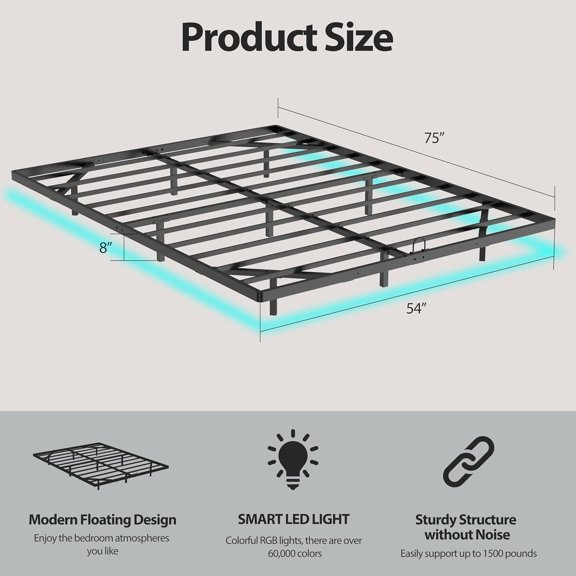 Floating Bed Frame with Smart LED Lights Metal Platform Bed Easy Assembly No Box Spring Needed (Full)