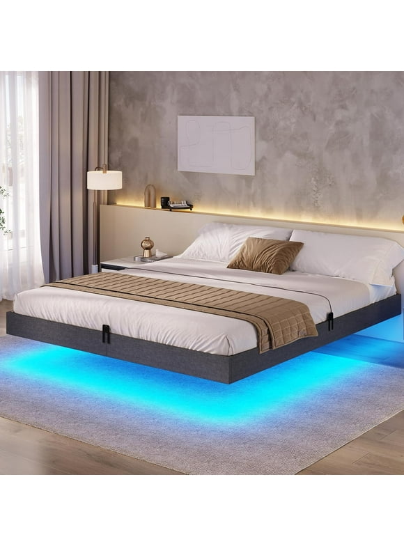 Floating Bed Frames King Size Meral Platform Bed with LED Lights&Linen Fabric, No Box Spring Needed, Dark Gray