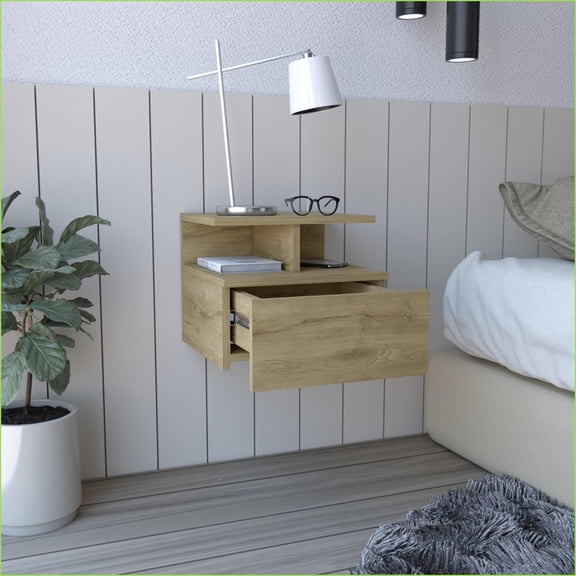 Floating Bedroom Nightstand with 1 Drawer, Macadamia Finish Easy Assembly