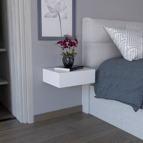 Floating Bedroom Table With Wide Drawer - White, & Space Saving Living Room End Huge For Storage