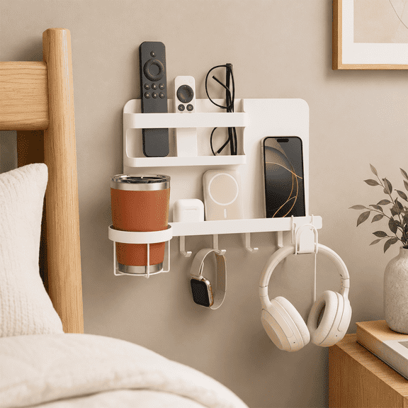 Floating Bedside Wall Organizer Shelf Space Saving with Cup Holder for Phone, Water Bottle, Glasses, Remote