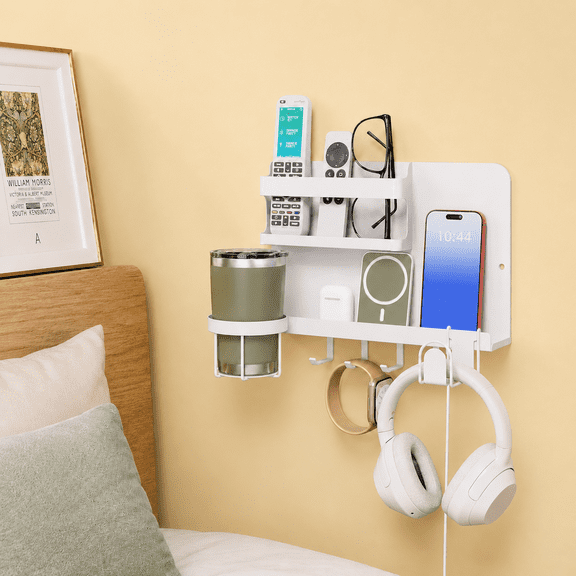 Floating Bedside Wall Organizer Shelf with Cup Holder, Wall Mount Storage Rack for Phone, Glasses, Water Bottle, Remote and Accessories, Space Saving Bedside Shelf for Dorm Room, Apartment, Loft