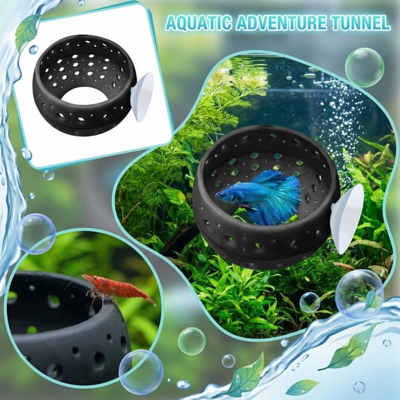Floating Betta Log, Fish Tank Tunnel Toy with Suction Cup, Aquarium Enrichment Hideout for Small Fish and Shrimp, Curved Observation Tube Decor, Easter Gifts for Aquarium Lovers Black