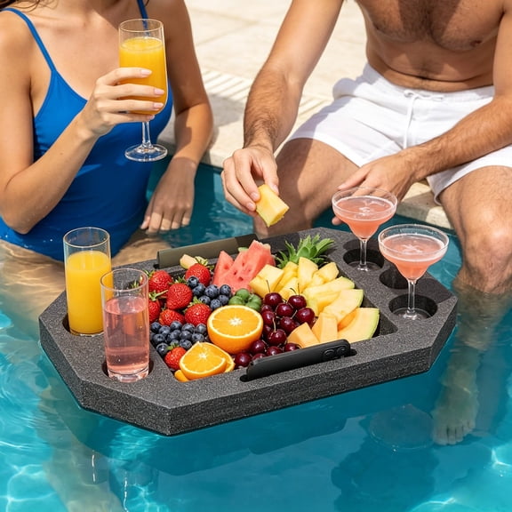 Floating Beverage Organizer with 6 Cup Holders Holes Floating Drink Serving Tray with Side Handle Large Fruit Storage Compartment Floating Pool Tray for Above Ground Inground Pool Hot Tub Beach Party