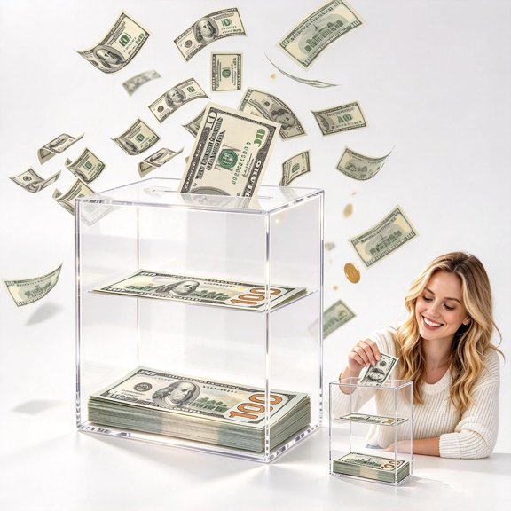Floating Bill Savings Challenge Box, Clear Acrylic Piggy Bank, Floating Bill Visual Effect, Real-Time Visual Progress, Gamified Management, for Saving Plans, Gifts