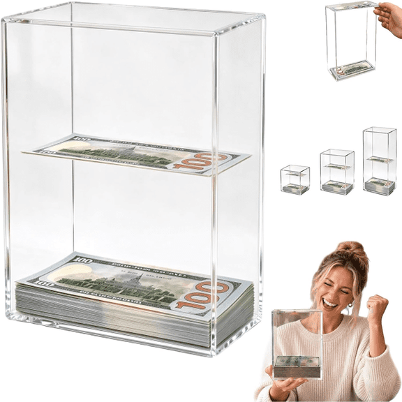 Floating Bill Savings Challenge Box, Clear Acrylic Piggy Bank with Floating Dollar Bill Display, Visual Money Saving Box for Cash Saving Goals, Desk Decor & Holiday Gift for Adults