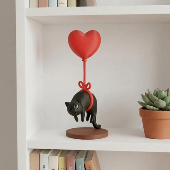Floating Black Cat Figurine with Red Heart Balloon, Resin Whimsical Animal Statue for Desk and Bookshelf Decor, Unique Gift for Cat Lovers (2pc)