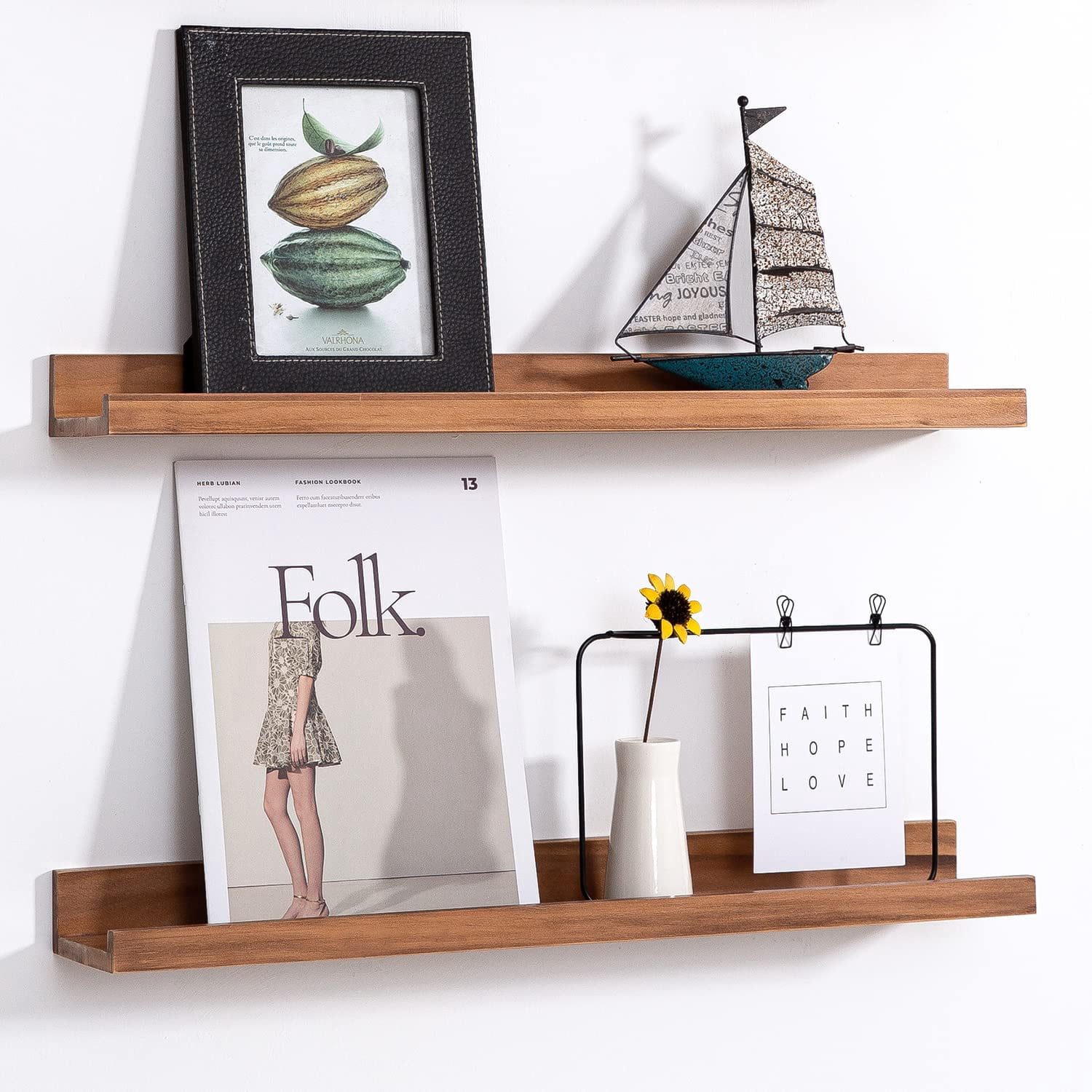 Floating Book Shelves Light Fair Pale Walnut Rustic Picture Photo Ledge Wall Mounted Wooden Display Shelf For Bathroom Bedroom Kitchen 24 Inch A Set Of 2