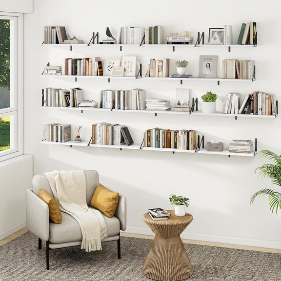 Floating Book Shelves for Wall, 35.4 Inches Long Wall Mounted Bookshelves, Heavy Duty Bracket Shelves for Living Room Kitchen, Laundry Room Storage & Decor, Set of 3, White