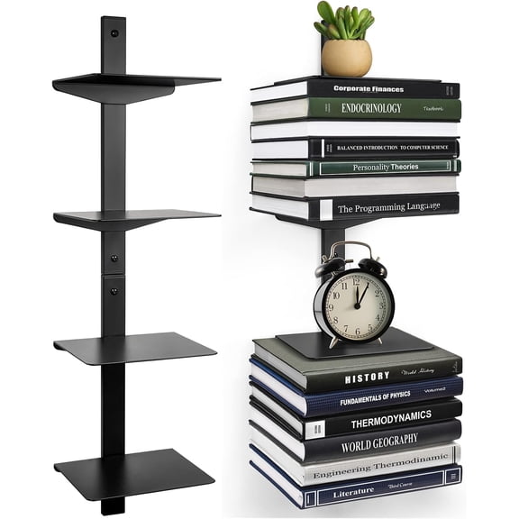 Floating Book Shelves for Wall, 4 Tier Invisible Floating Bookshelf, Vertical Spine Book Tower, Wall Mounted & Space Saving, Heavy Duty Metal Book Organizer for Home Office, 2 Pack Black
