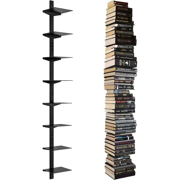 Floating Book Shelves for Wall, 8 Tier Invisible Floating Bookshelf, Vertical Spine Book Tower, Wall Mounted & Space Saving, Heavy Duty Metal Book Organizer for Home Office