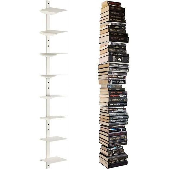 Floating Book Shelves for Wall, 8 Tier Invisible Floating Bookshelf, Vertical Spine Book Tower, Wall Mounted & Space Saving, Heavy Duty Metal Book Organizer for Home Office, 4 Pack White
