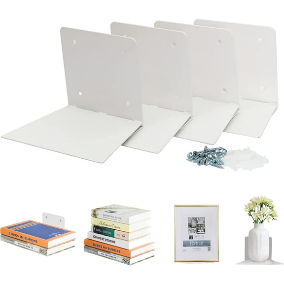 Floating Book Shelves for Wall Mounted Invisible Floating Bookshelves Heavy-Duty Steel Hidden Bookshelf Hanging Bookshelves for Bedroom Living Room Office, White 4-Pack Large