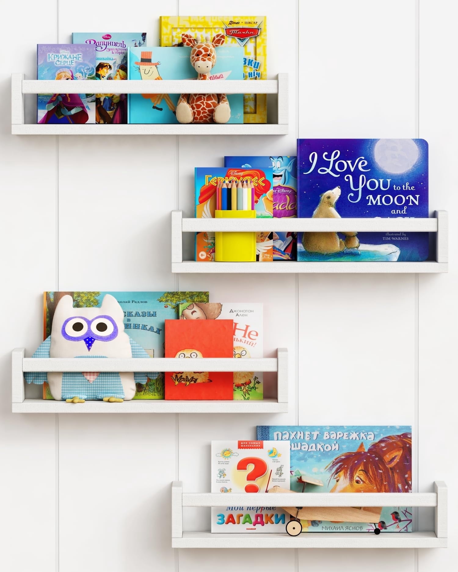 Floating Book Shelves for Wall Set of 4, White Wall Bookshelf for Kids Room, Small Wood Book Shelf Bookshelves