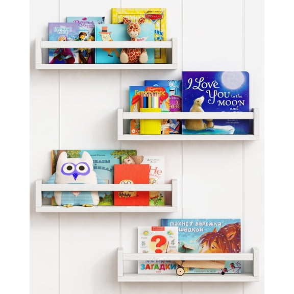 Floating Book Shelves for Wall Set of 4, White Wall Bookshelf for Kids Room, Small Wood Book Shelf Bookshelves