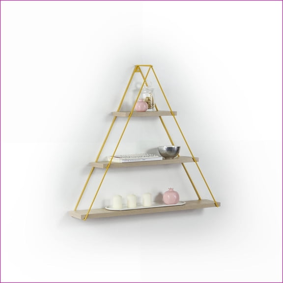 Floating Bookshelf Rustic Wall Mounted Triangle Shelf with Metal Bracket | Oak/Yellow | Oak