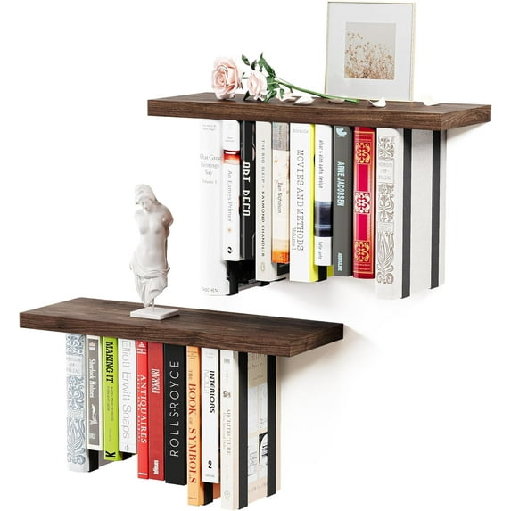 Floating Bookshelves for Wall, Rustic Wood Hanging Wall Bookshelf, Upside Down Book Shelf and Wall Mounted Bookshelves for Home Decor in Bedroom, Living Room, Carbonized, 2 Pack