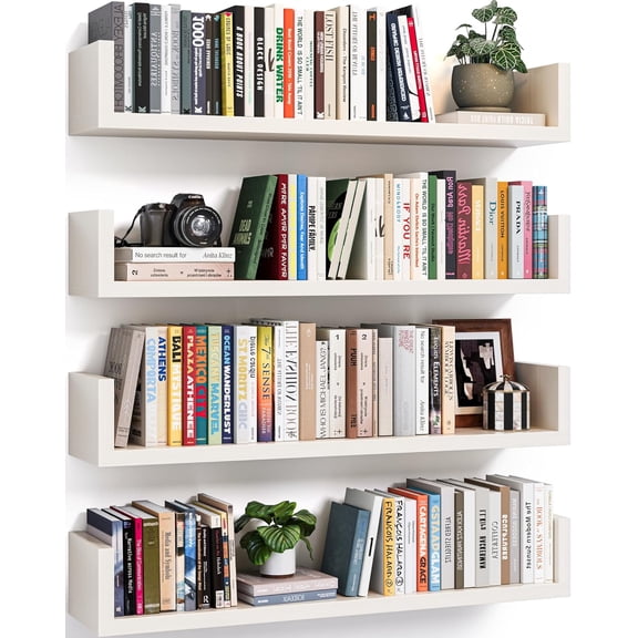 Floating Bookshelves for Wall - Wall Mounted Bookshelf Set of 4, U-Shaped Hanging Bookshelf for Bedroom, Living Room & Office, Wall Book Shelf for Home Decor & Storage (4, White, 23.63 Inches)