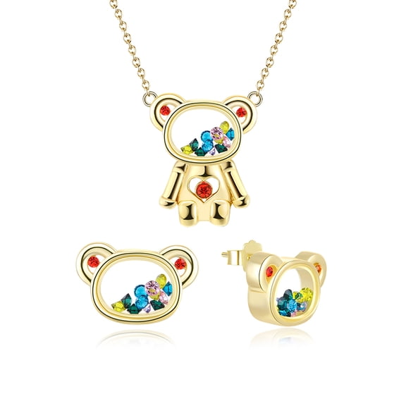 Floating CZ Bear Necklace Earrings Set for Women Gold Plated Sterling Silver Ginger Lyne Collection