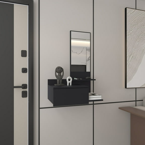 Floating Cabinet For Hallways 36.2" H In Black - 1 Drawer, 3 Shelves, Mirror Space Entryway Furniture Hallway Shelf Unit Compact Storage Entryways