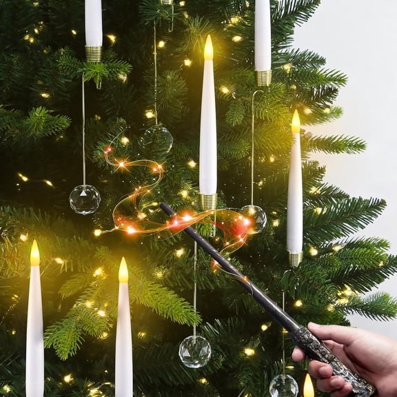 Floating Candles with Wand, 12 PCs Magic Hanging Candles with 12 AAA Battery, Flickering Warm Light Flameless LED Candle with Wand Remote, Window Taper Candle Set for Halloween Decoration Theme Party