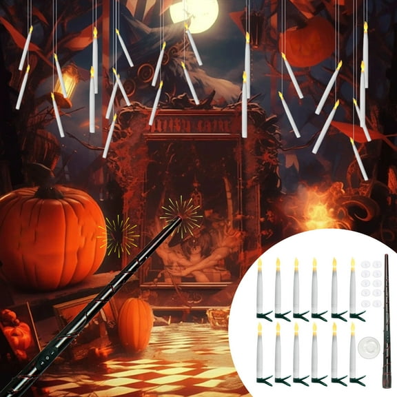 Floating Candles with Wand,12 Pcs Magic Hanging Candles,Flameless Floating LED Candle with Wand Remote,Battery Operated Flickering Warm Light Candles for Halloween Birthday Wedding