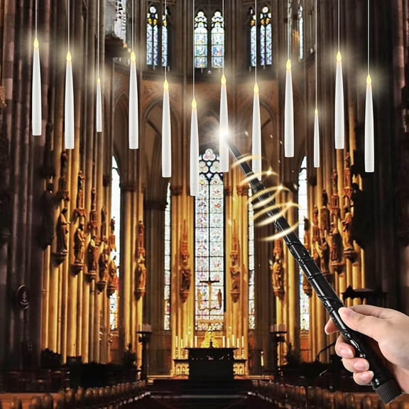 Floating Candles with Wand Remote, 12 Pcs Decor Magic Hanging Candles, Flickering Flameless LED Taper Candle Battery Operated for Window Party Home Decorations - White