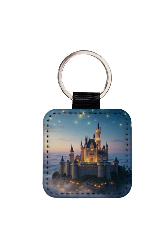 Floating Castle Magic Light Clouds Faux Leather Square Keychain