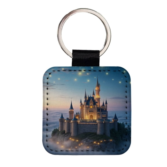 Floating Castle Magic Light Clouds Faux Leather Square Keychain