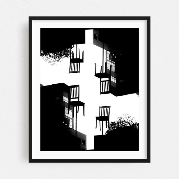 Floating Chairs Kaleidoscope - Manhattan New York Photography Surrealism Black and White Abstract Modern Art Silhouette Architecture Minimalist Black Framed Wall Art Print 11 x 14 inches