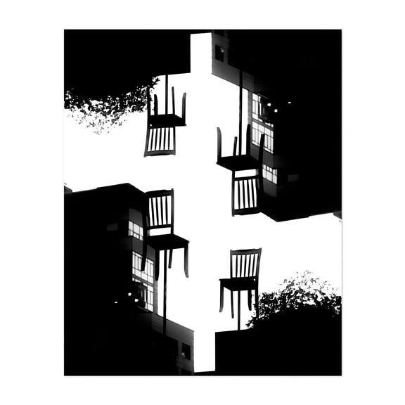 Floating Chairs Kaleidoscope - Manhattan New York Photography Surrealism Black and White Abstract Modern Art Silhouette Architecture Minimalist Unframed Wall Art Print 30 x 40 inches