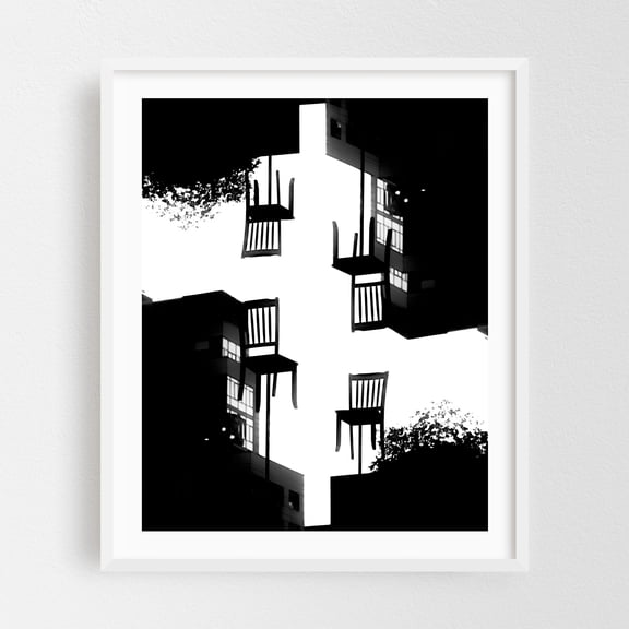 Floating Chairs Kaleidoscope - Manhattan New York Photography Surrealism Black and White Abstract Modern Art Silhouette Architecture Minimalist White Framed Wall Art Print 6 x 8 inches