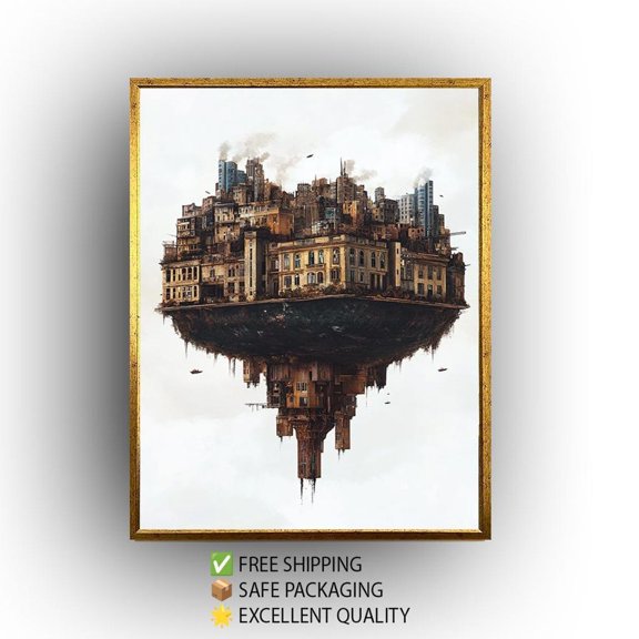 Floating City Inverted Buildings Poster Futuristic Sci Fi Art Unframed Paper Print